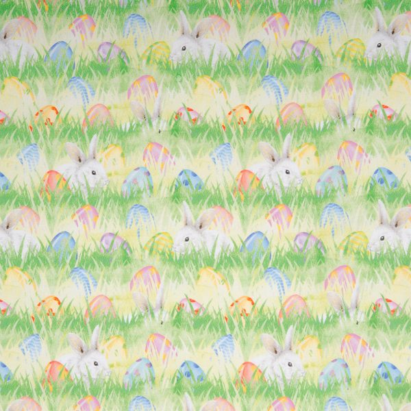 EASTER Printed Cotton - Eggs   Rabbits - Yellow For Sale