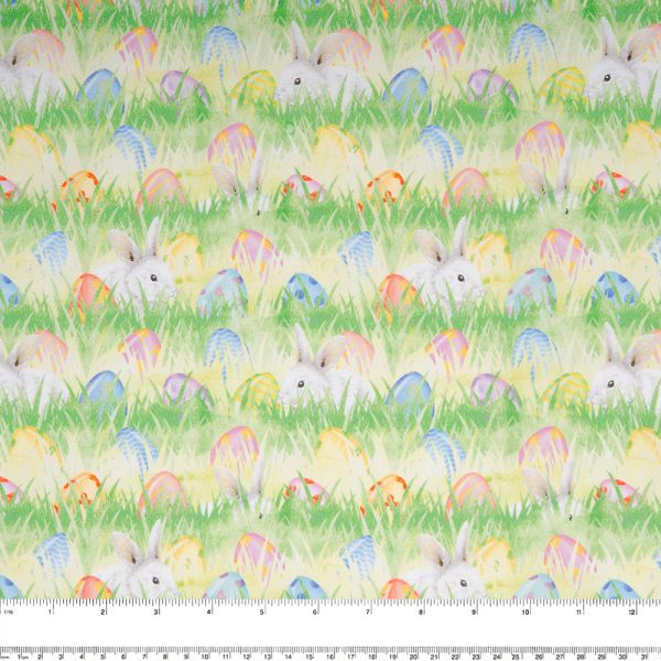 EASTER Printed Cotton - Eggs   Rabbits - Yellow For Sale